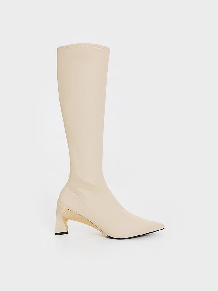 Charles & Keith Devon Metallic Blade-Heel Knee-High Boots in Chalk