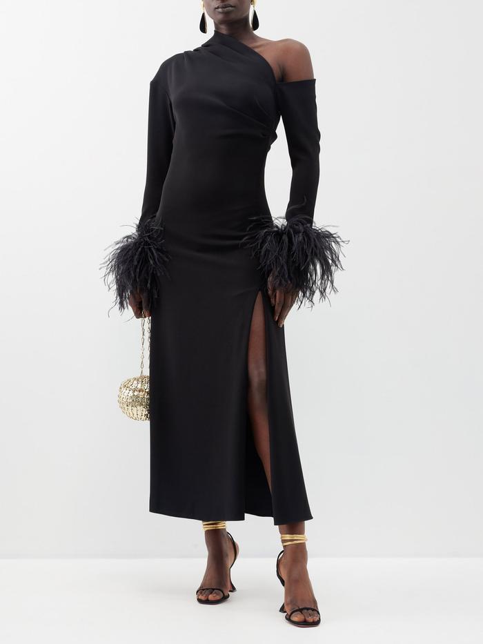 16arlington Adelaide Asymmetric Feather-Trim Crepe Midi Dress