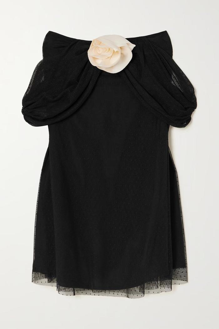 Bernadette Daffodil Floral-Appliquéd Point D'Esprit Tulle and Silk Crepe De Chine Mini Dress