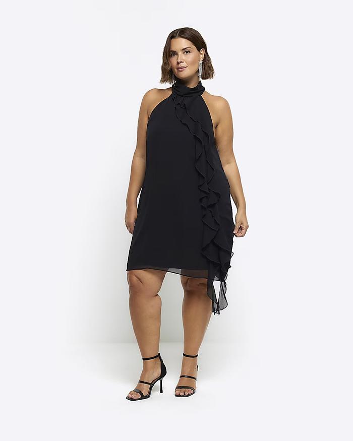 River Island Plus Black Frill Halter Shift Mini Dress