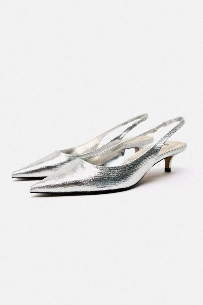 Zara Metallic Kitten Heel Slingback Shoes