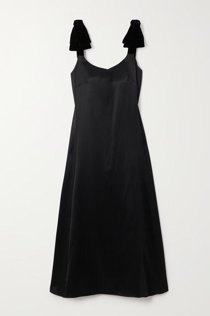 Chloé Bow-Embellished Velvet-Trimmed Wool and Silk-Blend Satin Midi Dress