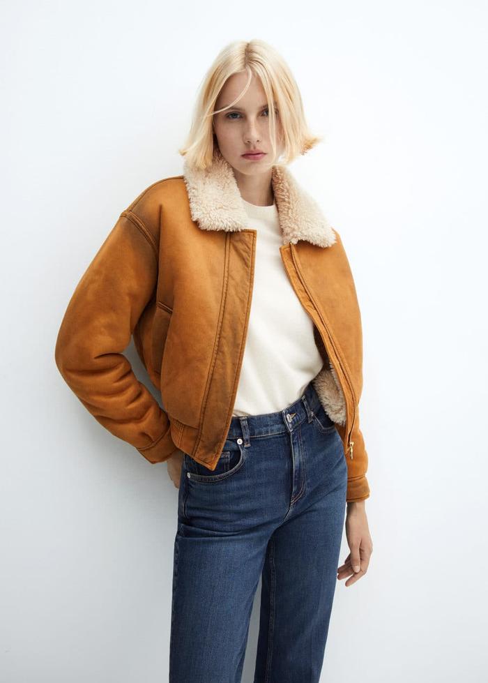 Mango Worn-Effect Shearling Jacket