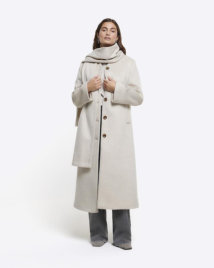 River Island RI Studio Scarf Longline Coat in Beige