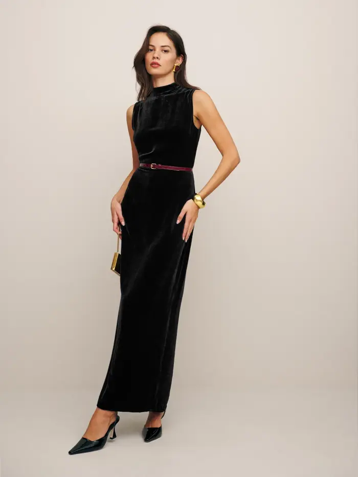 Reformation Yarden Velvet Dress in Black