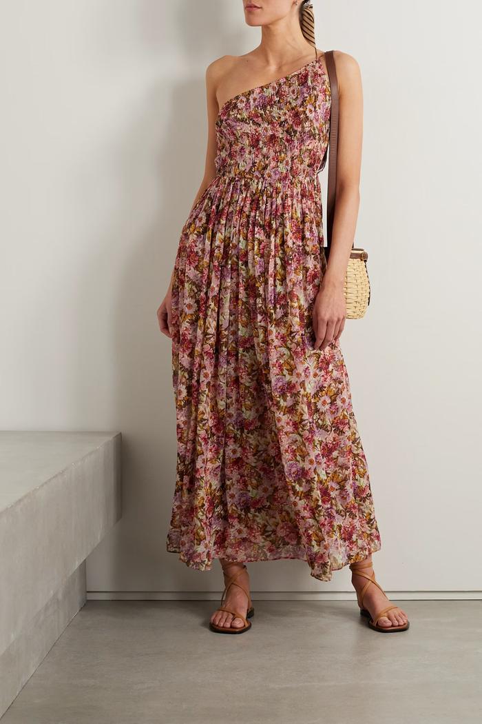 Dôen Felicity One-Shoulder Shirred Floral-Print Silk-Gauze Maxi Dress