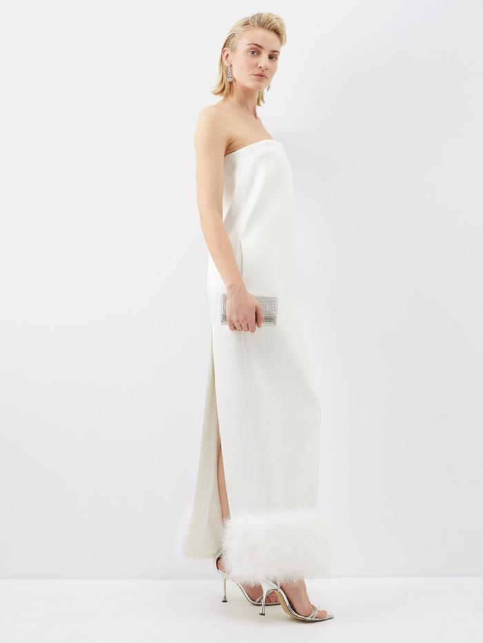 16arlington Blaise Feather-Trimmed Satin Strapless Gown