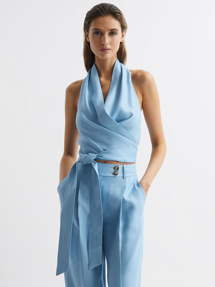 Reiss Blue Hollie Halter Neck Linen Blend Crop Top