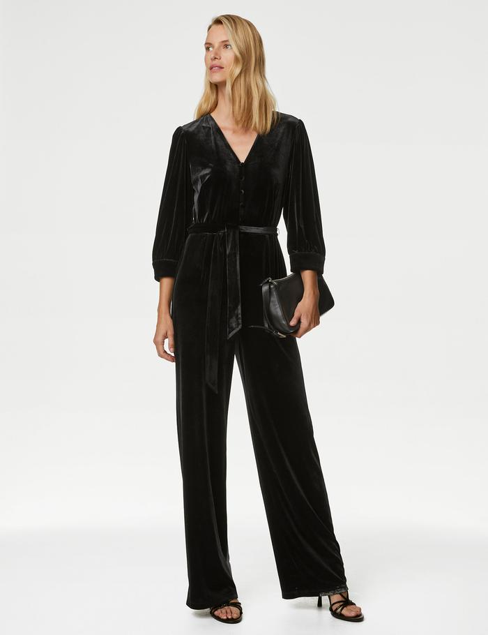 M&S Collection Velvet V-Neck Belted 3/4 Sleeve Jumpsuit